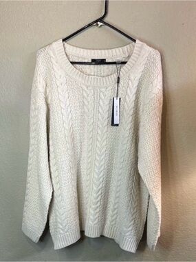 New Tahari Sweater Women’s Off White Cable Knit Crew Neck Casual Sweater Sz 1X